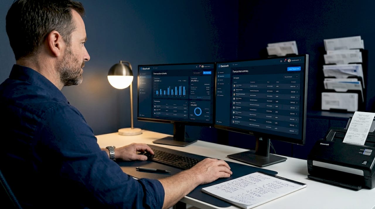 Man reviewing transactions at home workspace