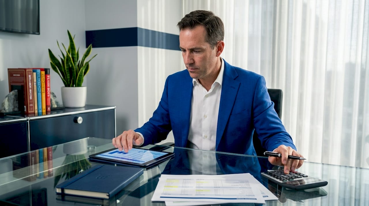 Investor reviewing fintech market data at desk