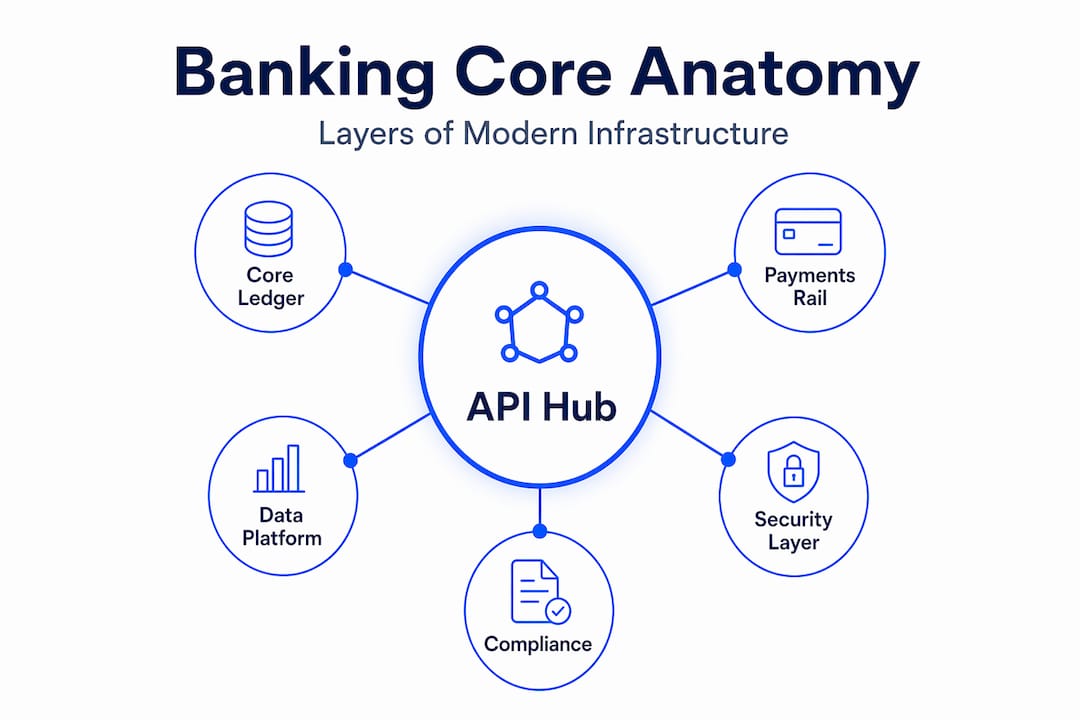 Hierarchy infographic showing core banking system layers