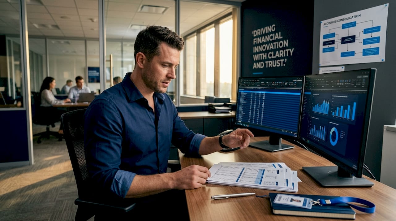 Manager reviewing consolidated finance systems