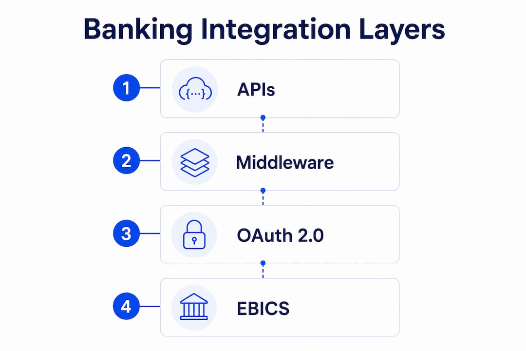 Infographic outlining key technology layers in banking integration