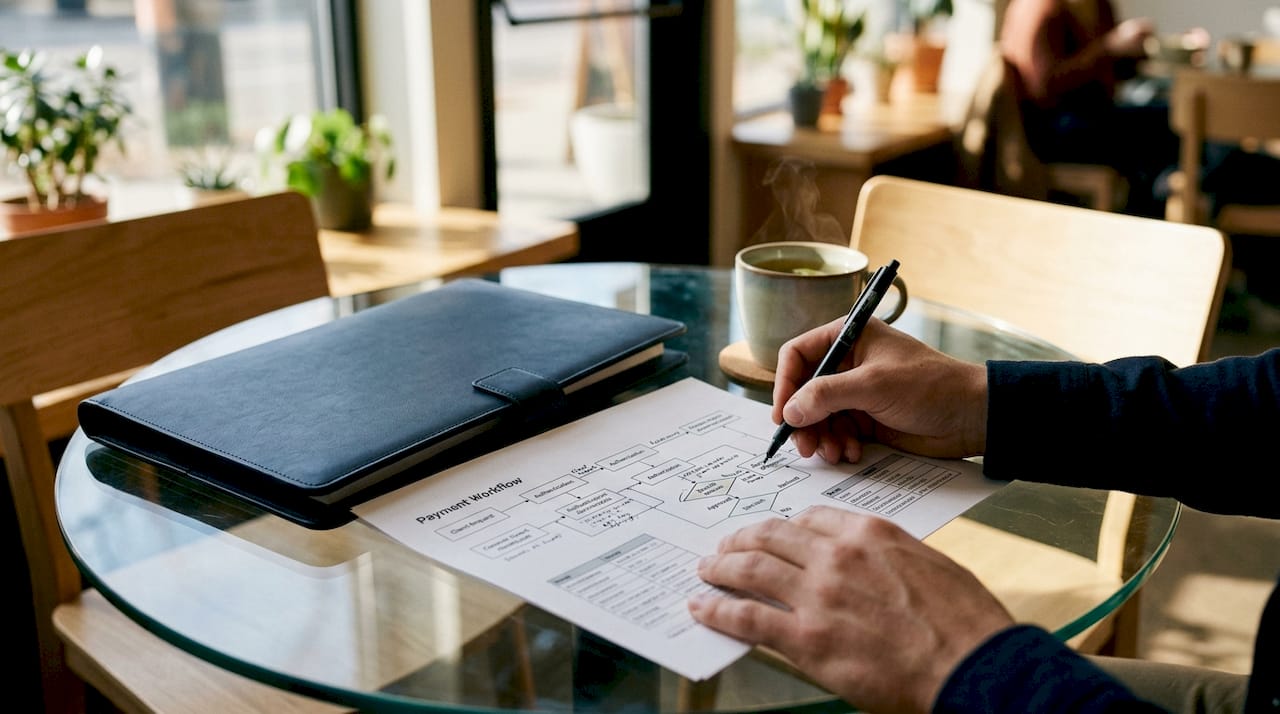 Hands annotating payment workflow documents