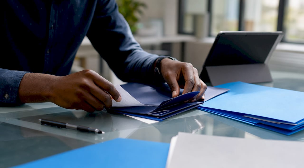 Hands sorting financial control folders on desk