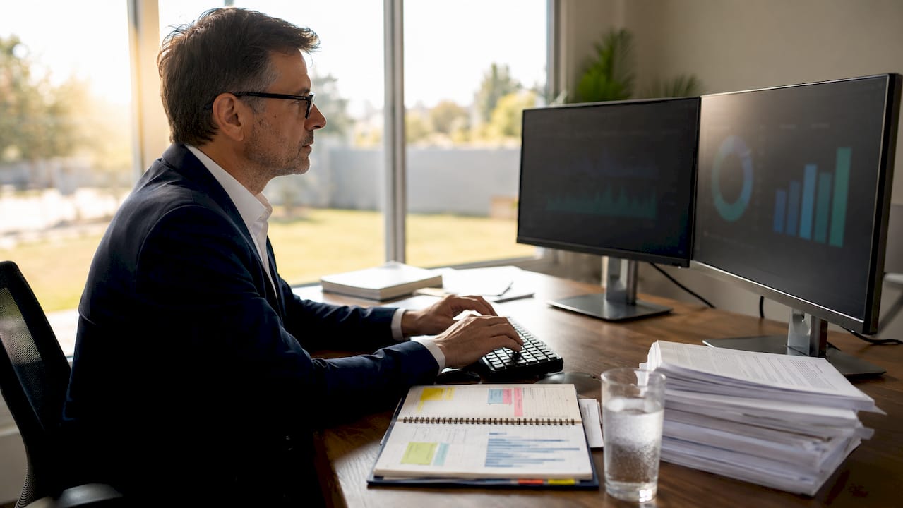 Accountant working with financial data on dual monitors