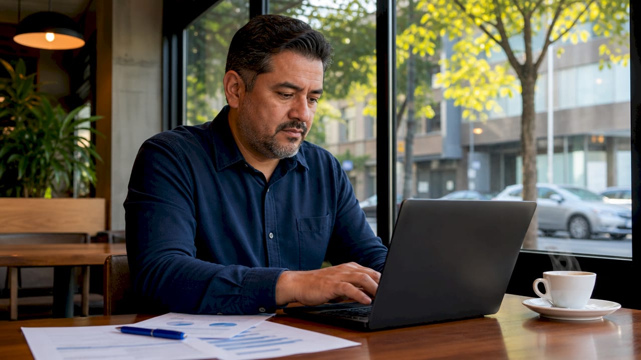 Accountant typing amidst paperwork and spreadsheets