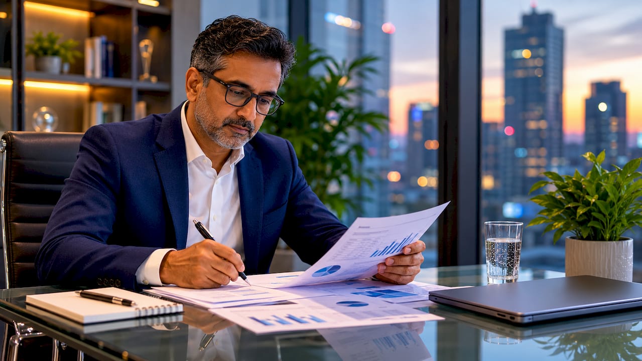 CFO reviewing financial reports in office