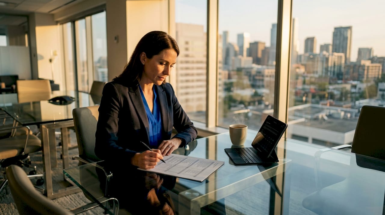 Hands reviewing AML compliance checklist in office