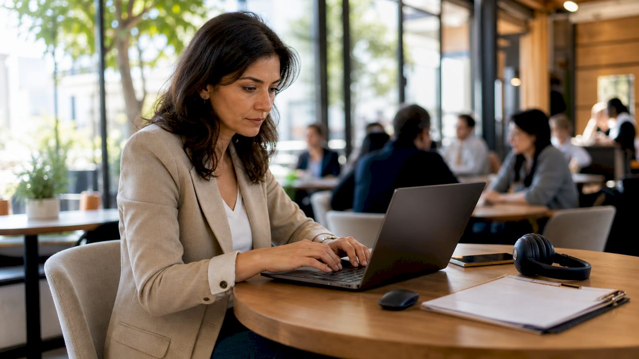 Consultant typing onboarding email on laptop