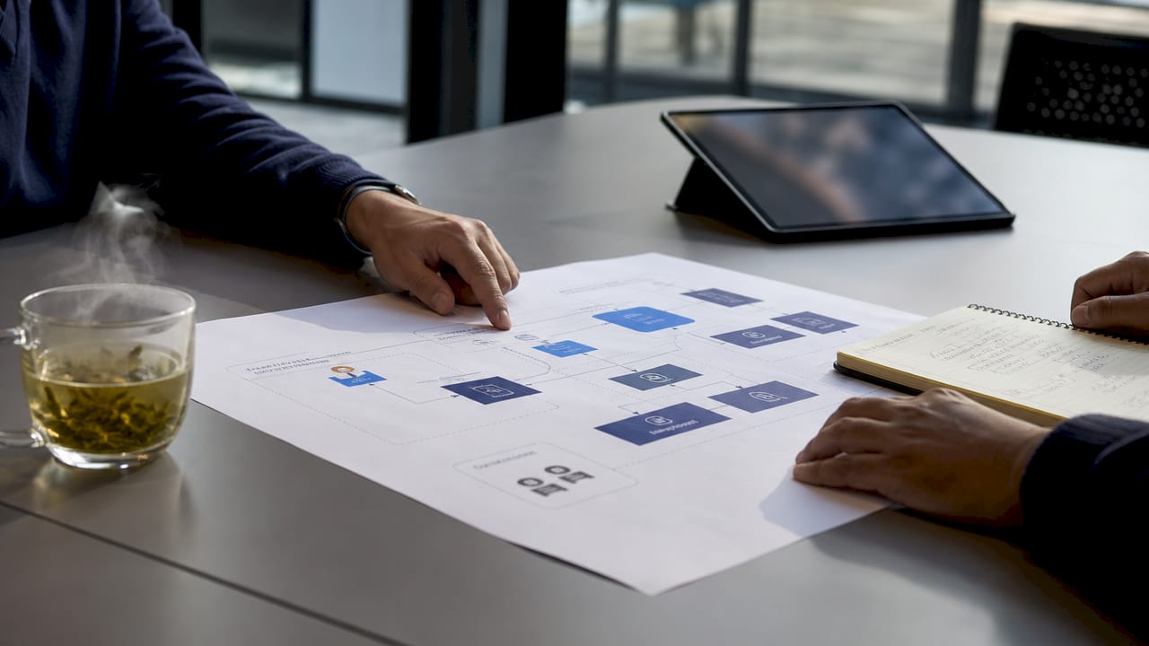 Hands discussing layered payment infrastructure diagram