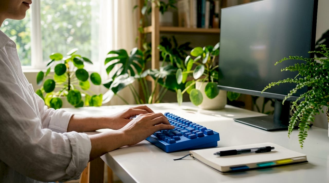 Hands typing on keyboard in coworking space