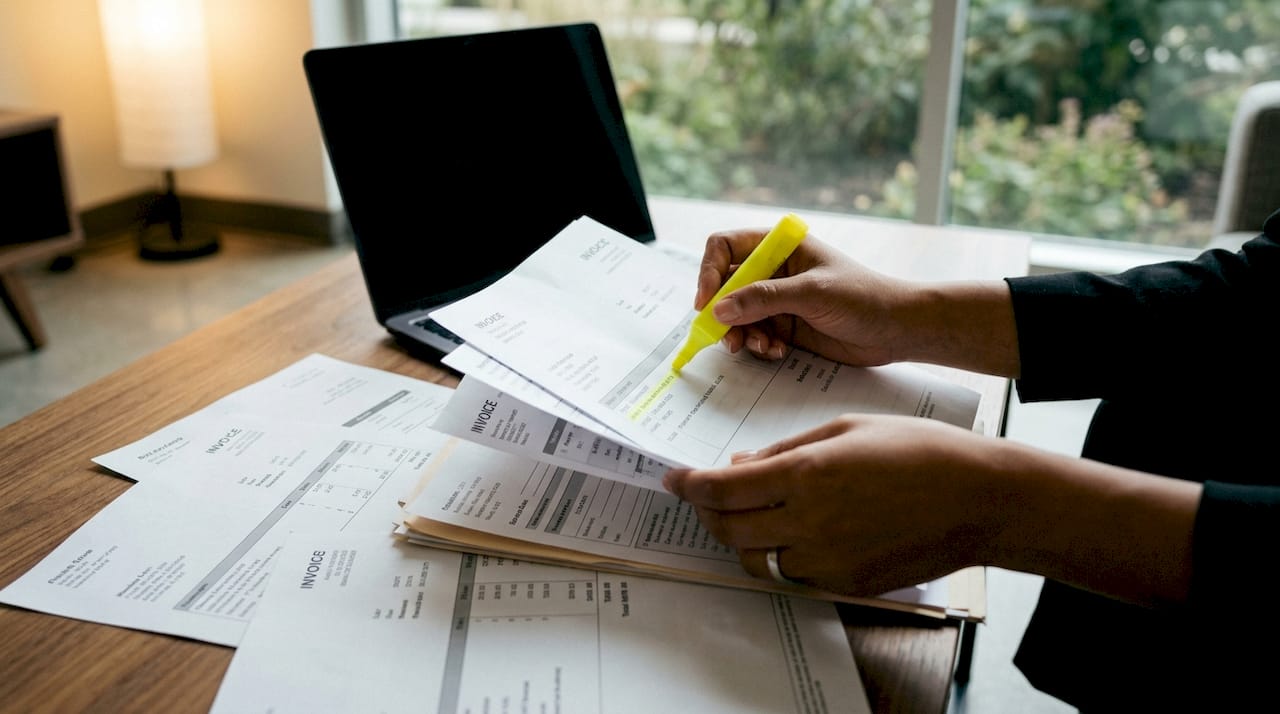 Hands auditing payment invoices on desk