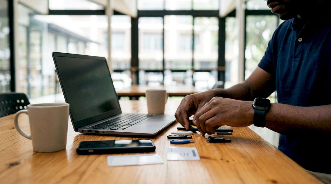 Hands setting up authentication devices on desk