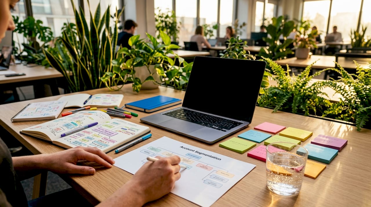 Overhead workspace with notes and charts on account segmentation