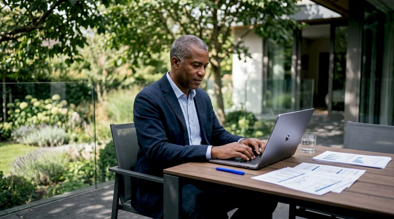 Hands typing on laptop with financial papers nearby