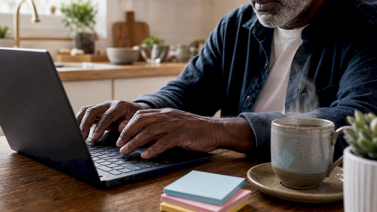 Hands typing invoicing on laptop in café