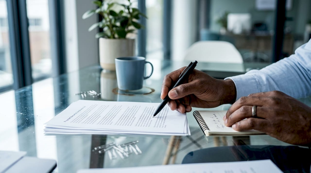 Hands pointing at payment security compliance papers