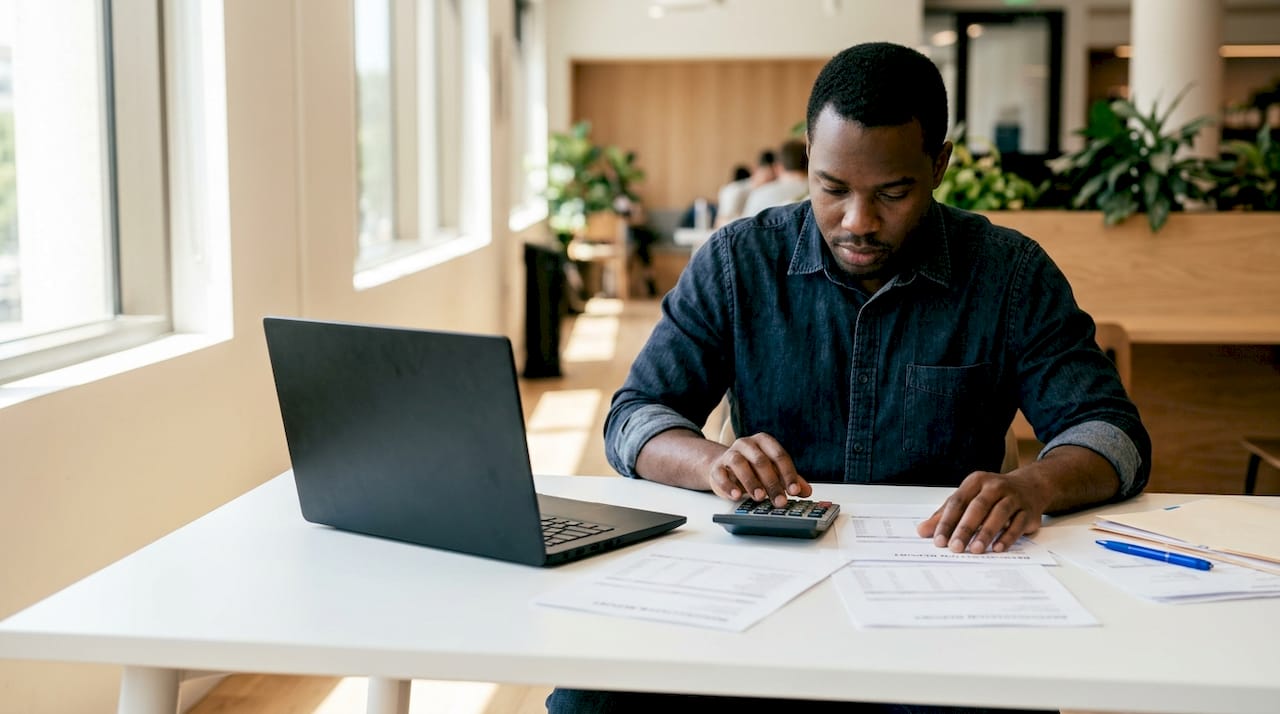 Accountant performing daily reconciliation with calculator