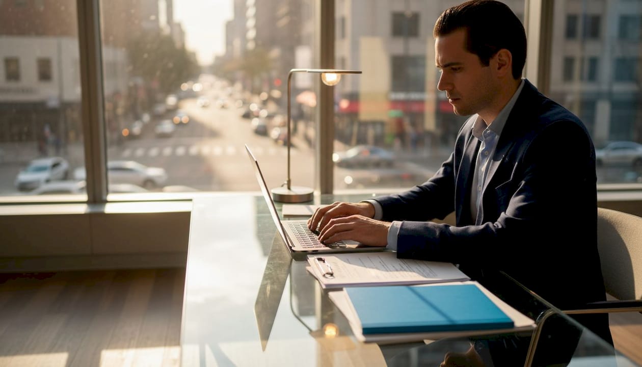 Hands typing in financial compliance office setup