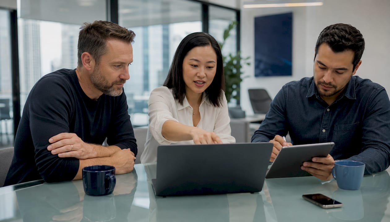 Small business team collaborating on banking tasks