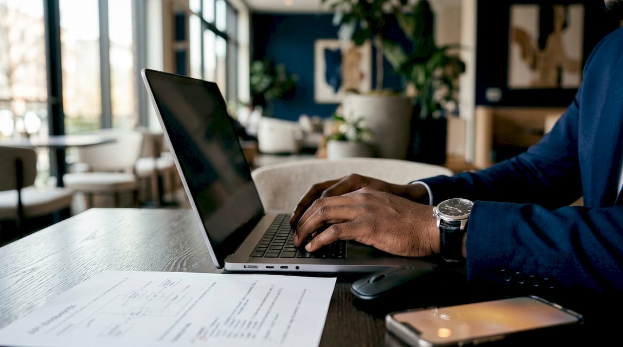 Close-up hands typing with API banking documents on desk