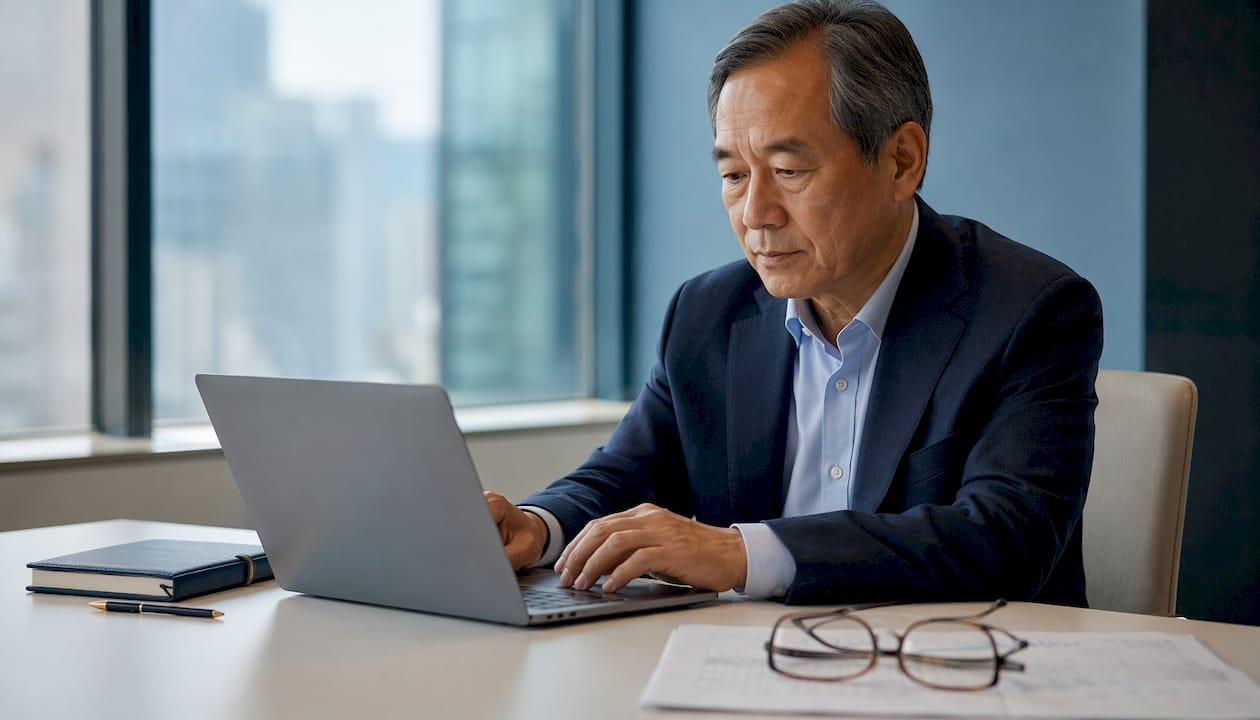Finance manager entering data on laptop at desk