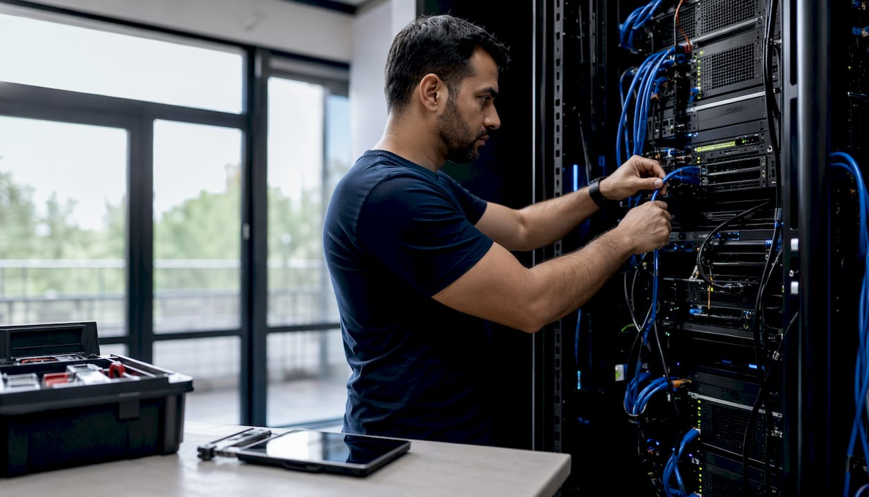Hands connecting cables in fintech data center