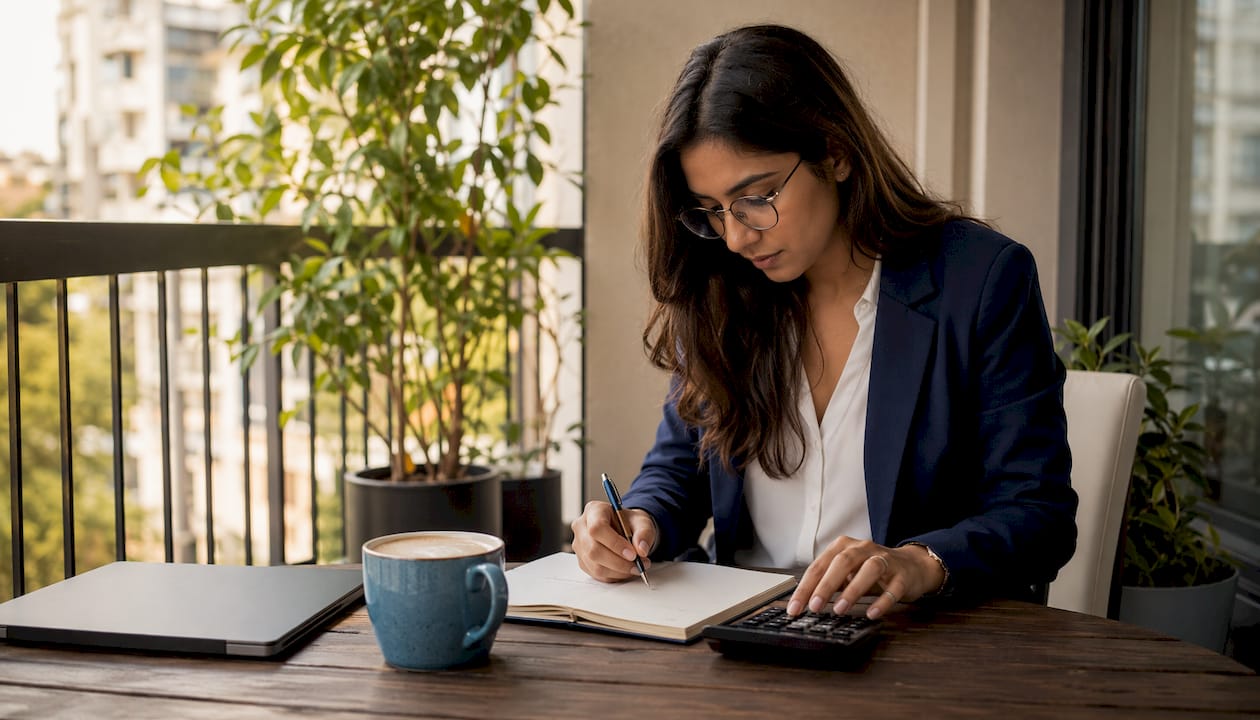 Entrepreneur calculating fintech reseller income outdoors