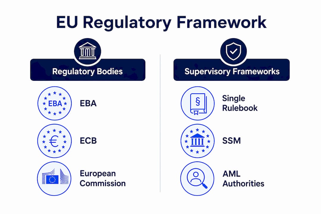 Infographic showing EU banking regulatory bodies and frameworks