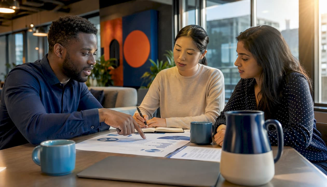 Diverse fintech team discussing onboarding flow