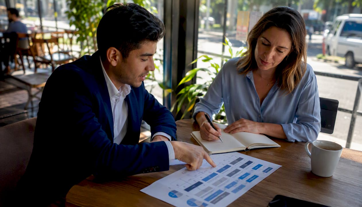 Two professionals discussing bank account options
