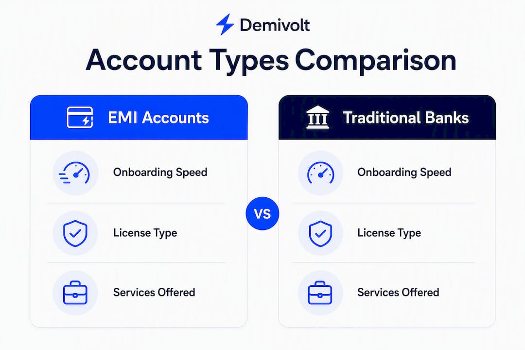 Infographic comparing EMI and traditional bank account features