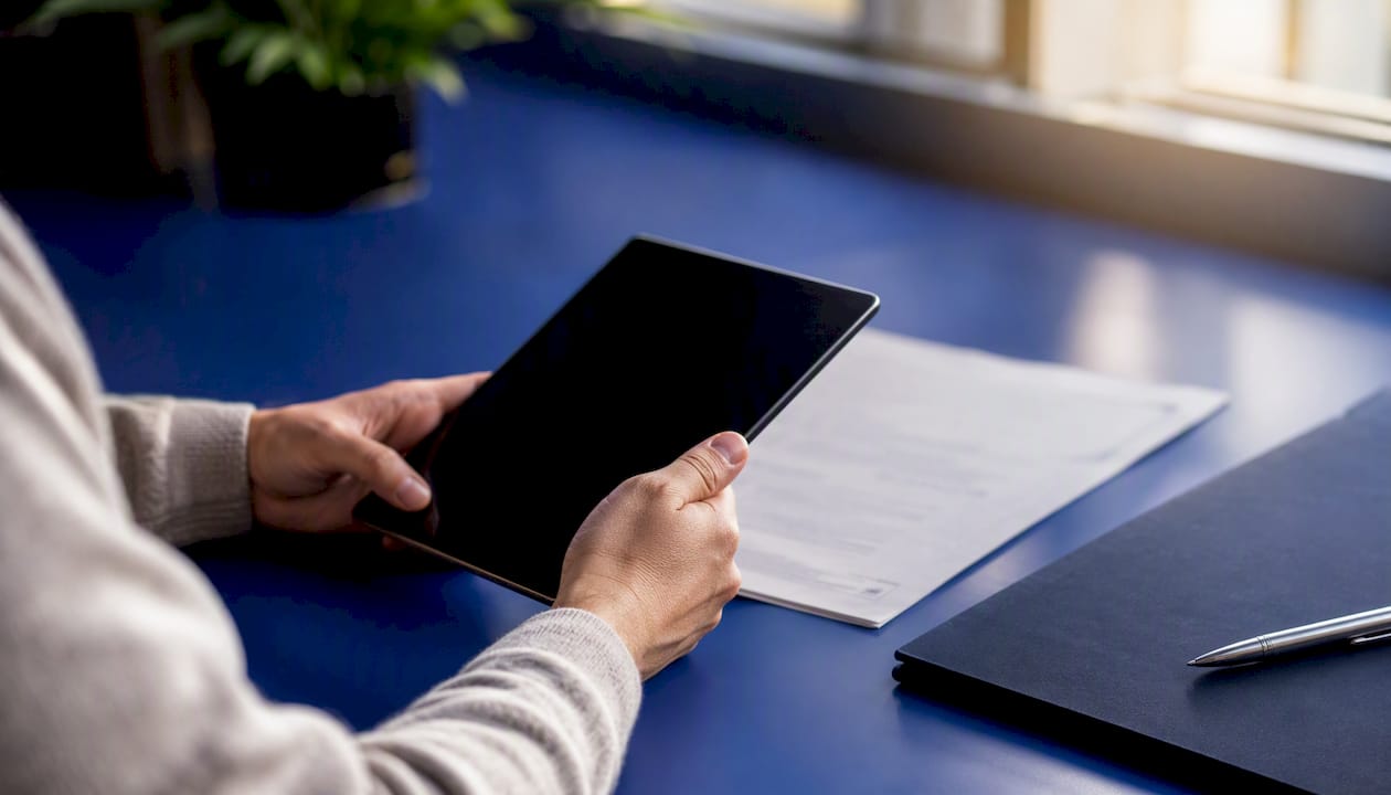Hands scanning document with tablet for onboarding