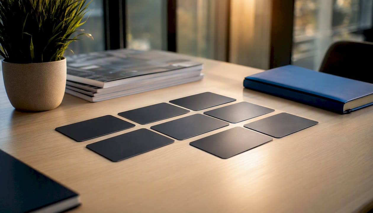 Virtual business cards arranged on desk pad