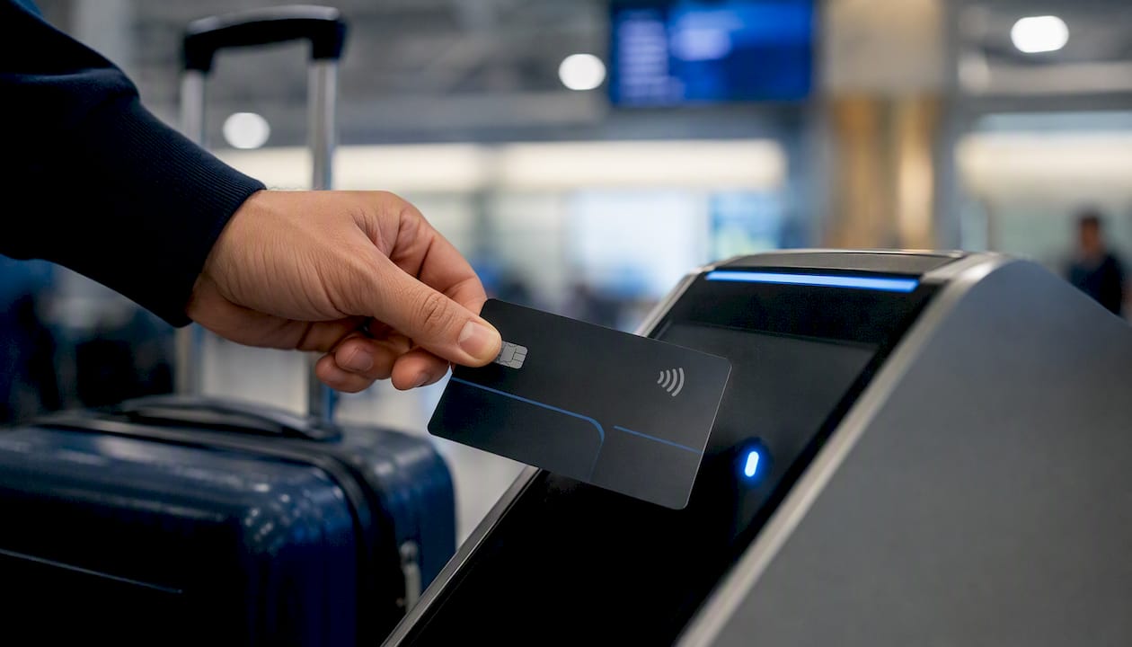 Close-up of prepaid card contactless payment action