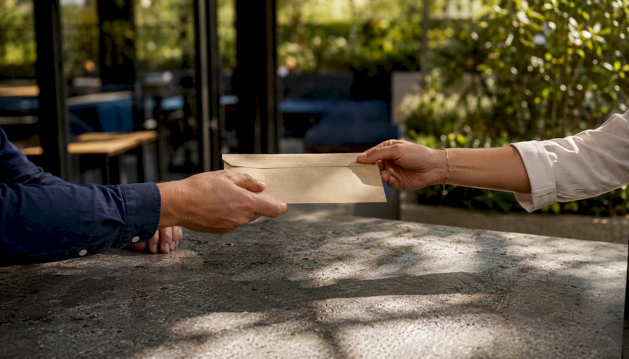 Hands exchanging secure envelope symbolizing payment instruction