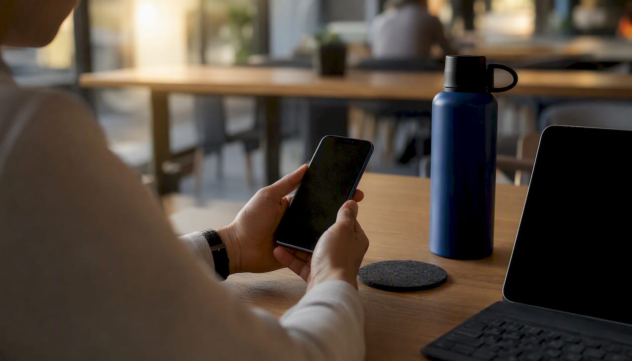 Hands holding smartphone on desk