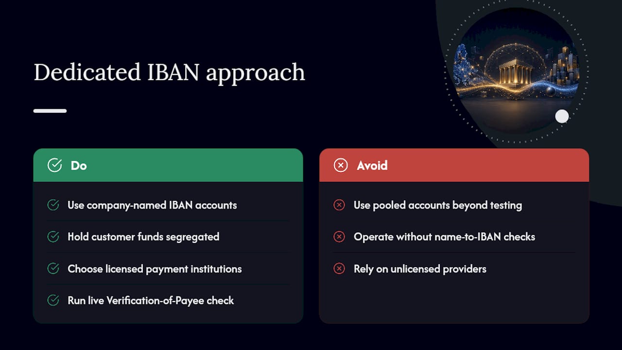 Why a regulated, dedicated-IBAN-first approach is the right call — overview diagram
