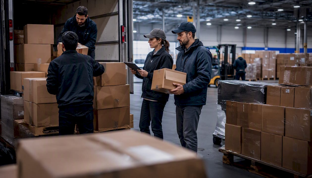 Hands scanning parcel barcode at logistics receiving dock