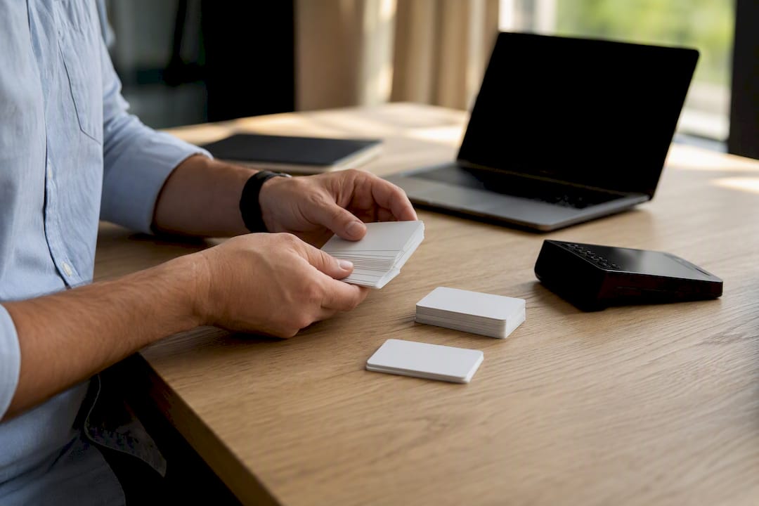 Hands arranging blank bank cards on table