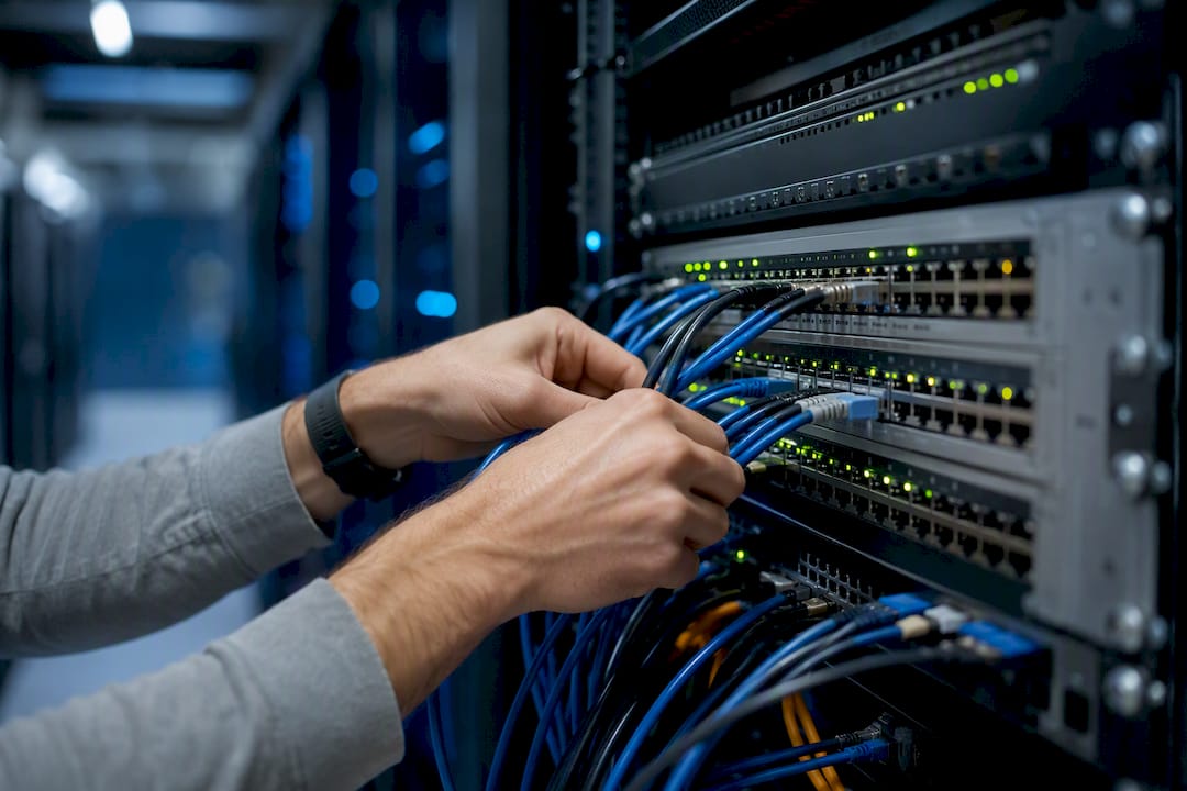 Hands plugging cables in fintech server room