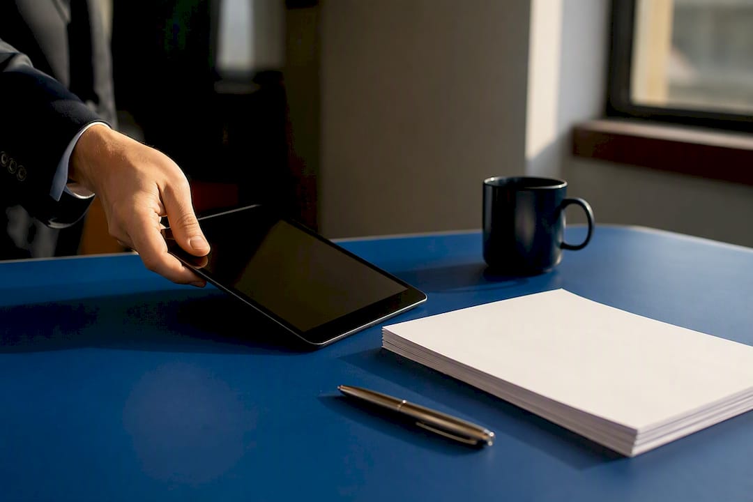 Hand holding tablet next to clean documents on desk