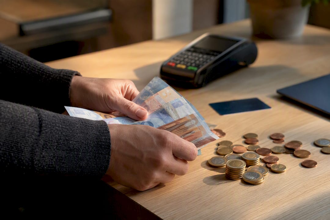 Hands sorting euro banknotes and coins