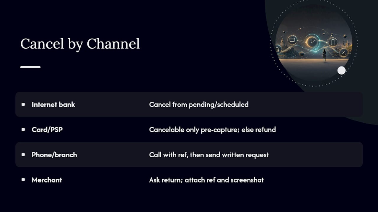 How to Cancel by Channel: Bank, Card, Phone, and Merchant — overview diagram
