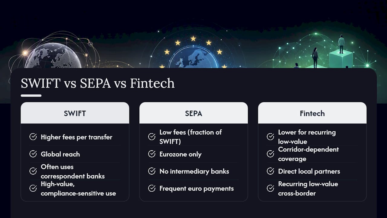 SWIFT SEPA and fintech rail comparison