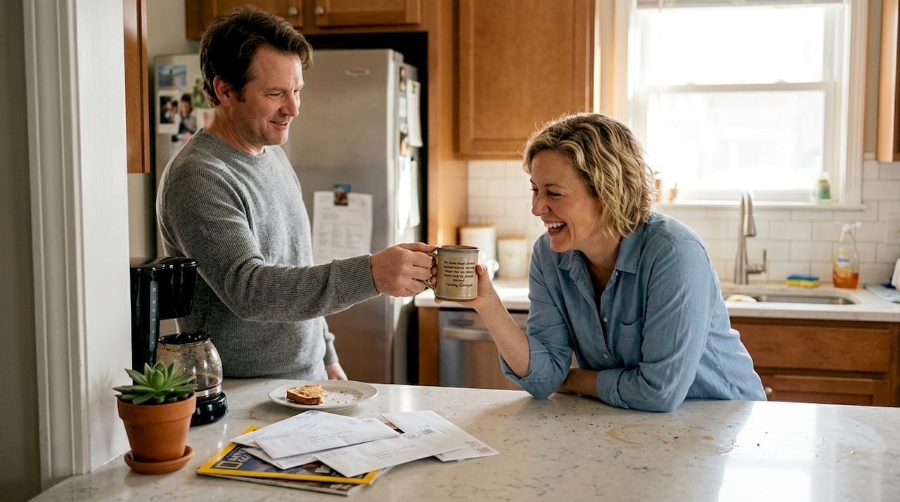 Man giving personalized mug in kitchen