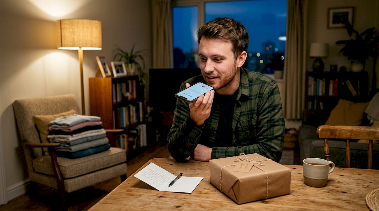 Man recording voice memo as romantic gift