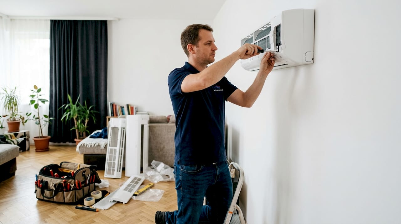A szerelő éppen most szereli fel a split klímát a nappaliban.