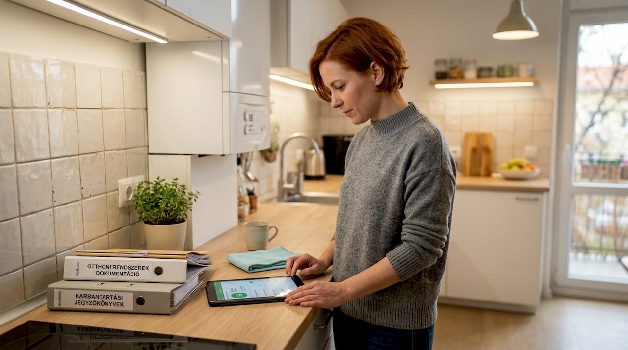 Egy nő éppen azt próbálja kideríteni, miért jelez hibát a kazán.