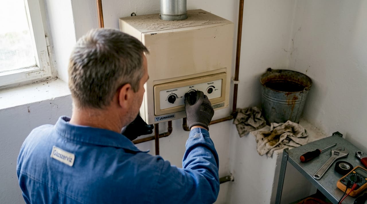 Egy szerelő a házban átvizsgálja a kazánt.