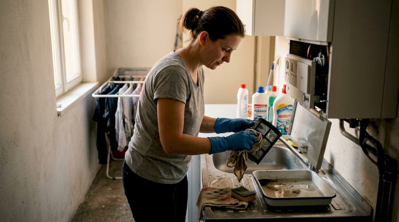 Egy lakástulajdonos hölgy épp a kazán szűrőjét tisztítja otthonában.